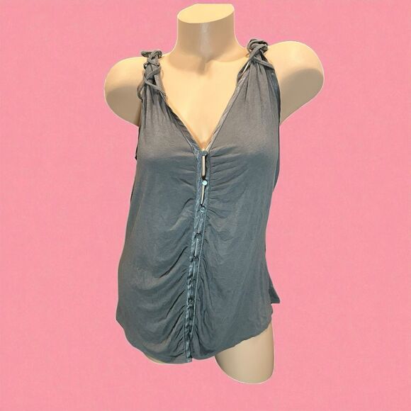 Old Navy Gray Large Button Front Ruched Tank Top Bow Tie Strap Y2K Boho Indie - Picture 2 of 8